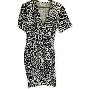 Vintage Tess Dress Size 10 100% Silk 90s Black White Animal Print Wrap Deadstock